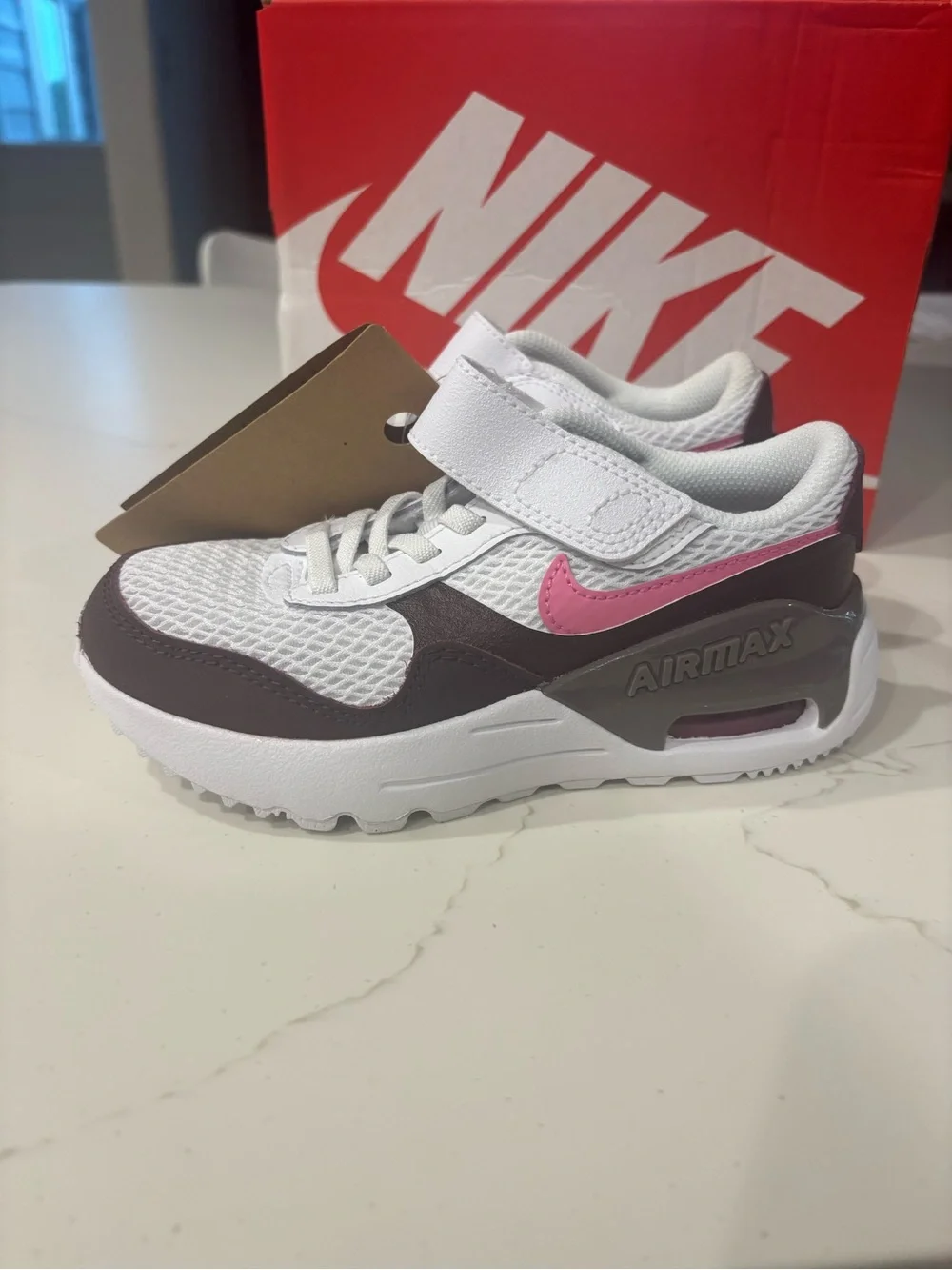 Nike Kids White and Brown Sneakers with Pink Swoosh
